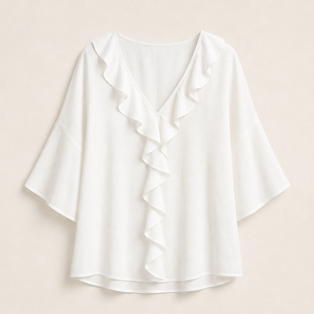 Blusa Bianca con Scollo a V e Volant | Elegante Top Effetto Lino da Donna con Maniche Svasate