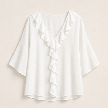 Blusa Bianca con Scollo a V e Volant | Elegante Top Effetto Lino da Donna con Maniche Svasate