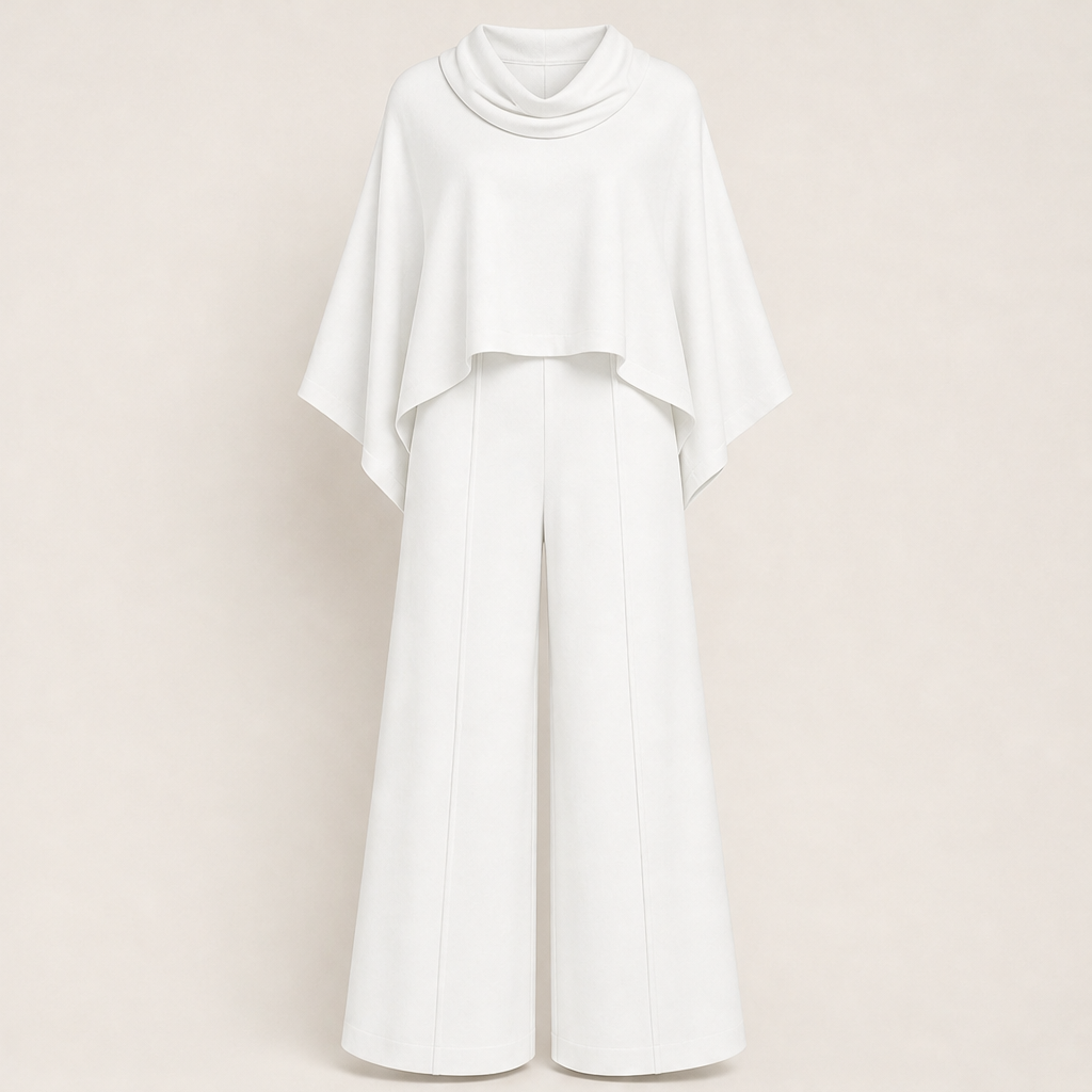Velarosa – Completo Mantella Collo Alto e Pantaloni Palazzo White
