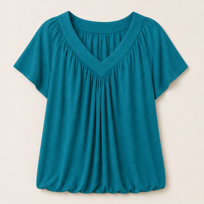 Velmora – Top Plissé Scollo a V Maniche Corte Teal