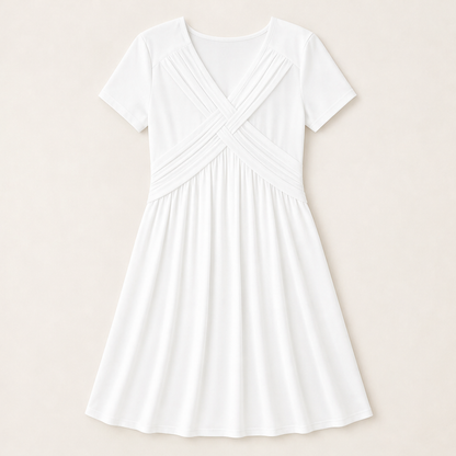 Verona Abito Donna Incrociato con Scollo a V Plissettato Linea ad A con Tasche - Abito Midi a Maniche Corte Bianco