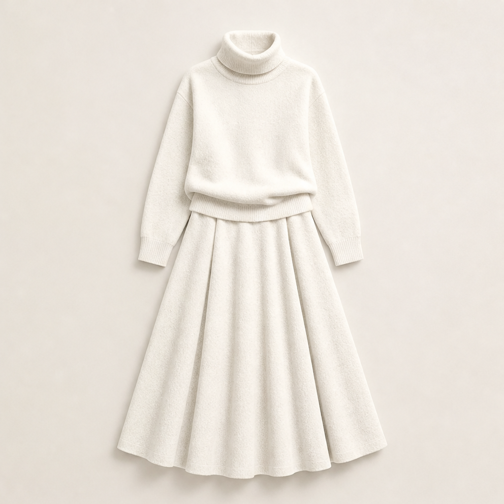 Varlune – Completo Dolcevita e Gonna Lunga a Due Pezzi Beige