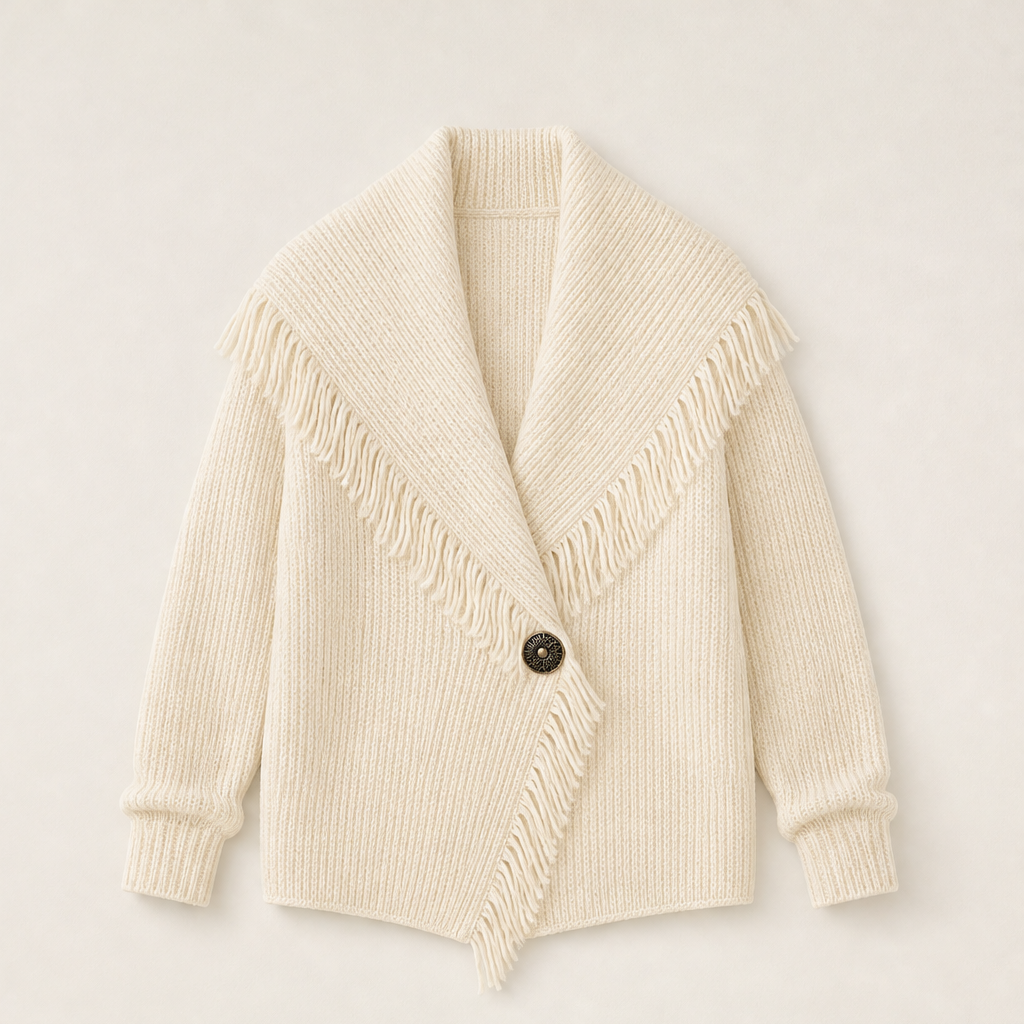 Fransetta – Cardigan in Maglia con Frange e Scialle Beige