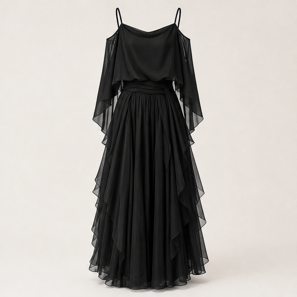 Venalia – Abito Lungo in Chiffon Spalle Scoperte Black