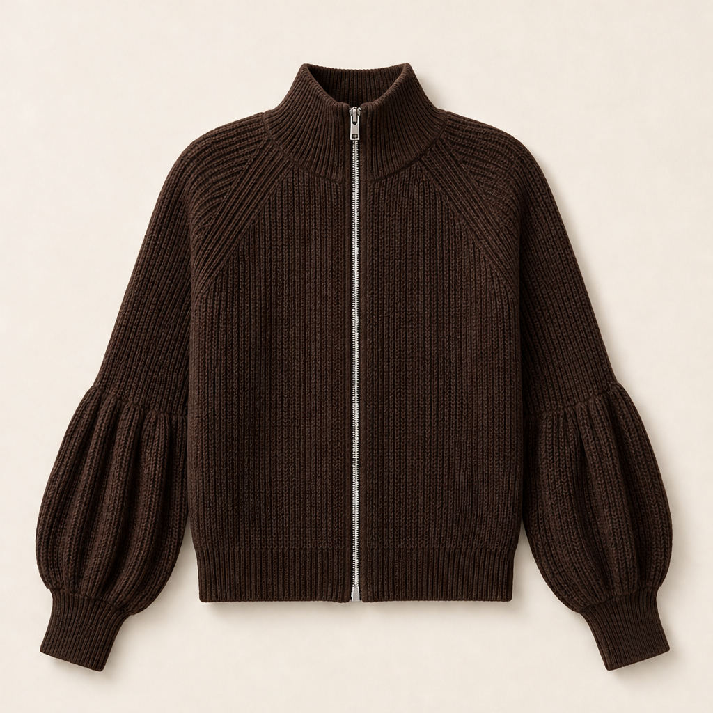 Vionetta – Maglione Zip a Maniche a Lanterna Brown