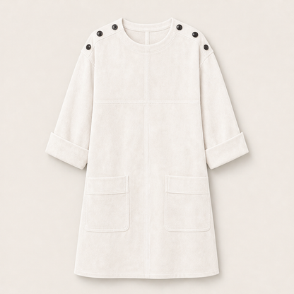 Sueveta – Minivestito in Similpelle Scamosciata con Bottoni White