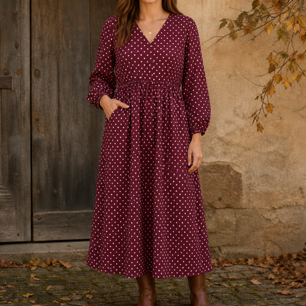 Velmora – Abito Midi a Maniche Lunghe con Fantasia Berry Polka Dot