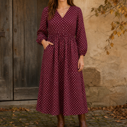 Velmora – Abito Midi a Maniche Lunghe con Fantasia Berry Polka Dot