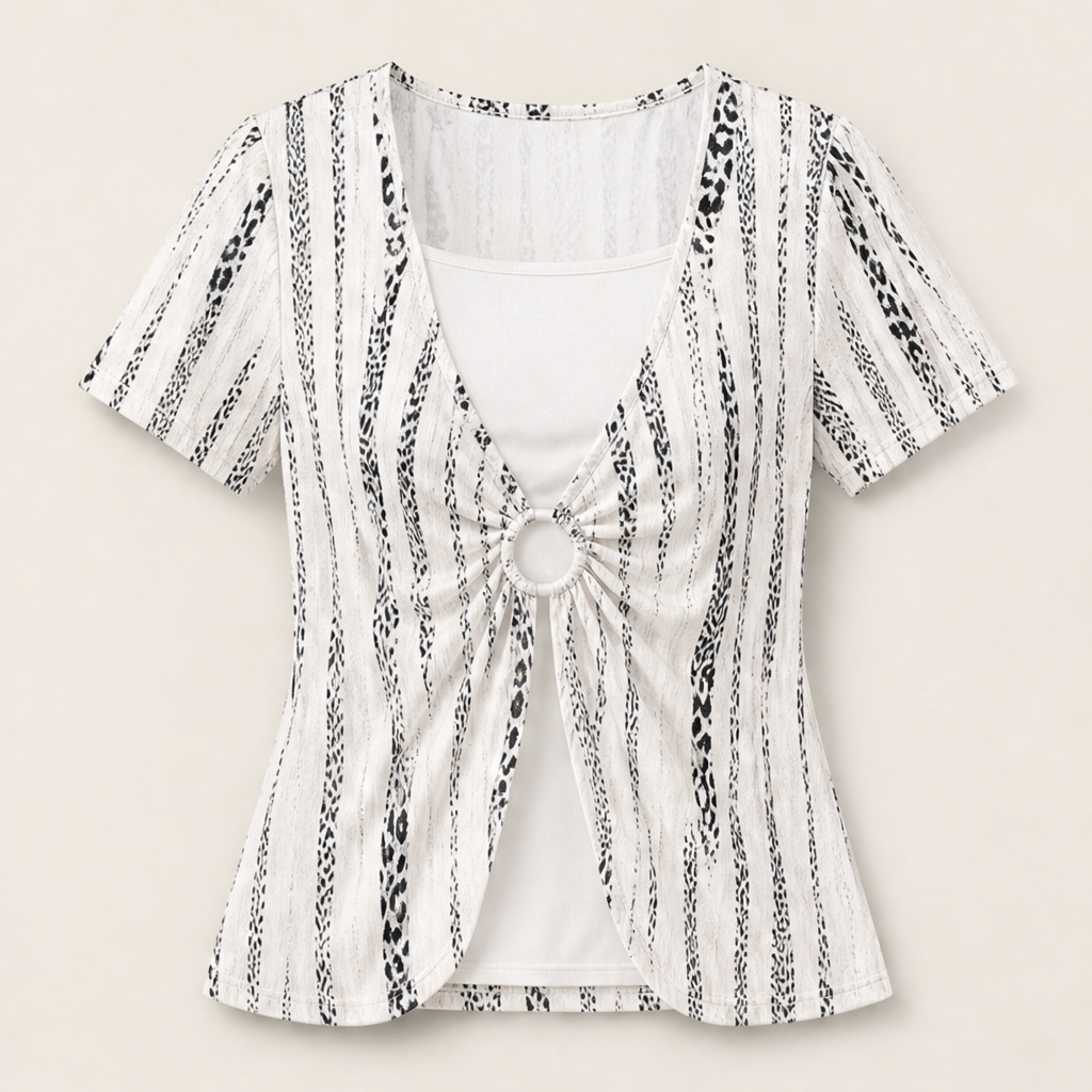 Velmora – T-Shirt Leopardato Effetto Due Pezzi con O-Ring White