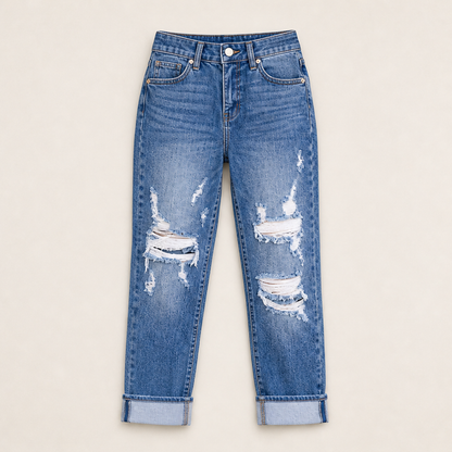 Venalu – Jeans Boyfriend Effetto Strappato con Polsino Medium Blue