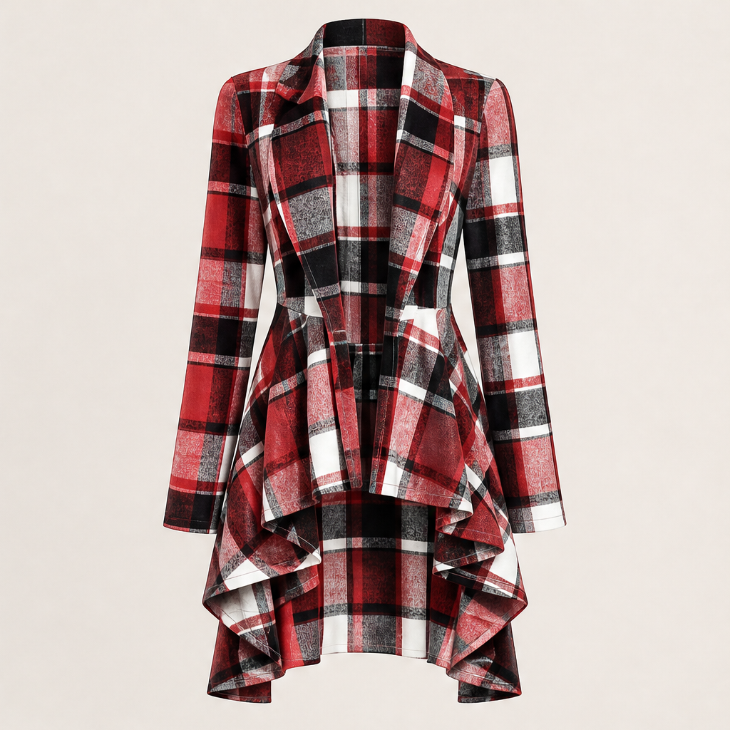 Varella – Cappotto Peplum a Scacchi Asimmetrico Red