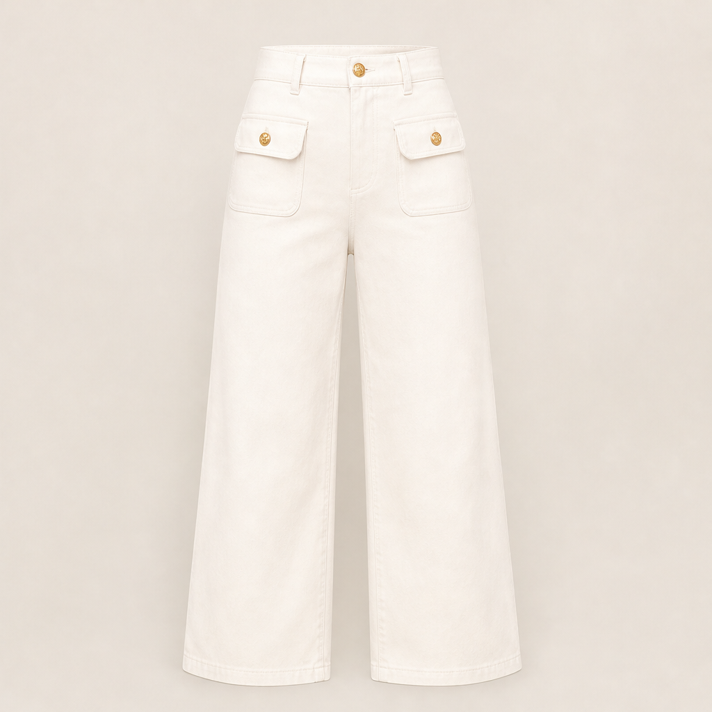 Varelli – Pantaloni a Vita Alta Gamba Larga Beige