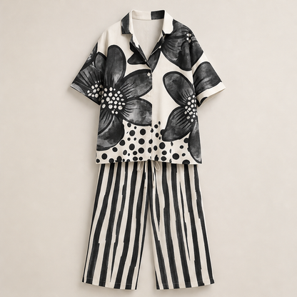 Completo Due Pezzi con Stampa Floreale Verde | Top a Maniche Corte e Pantaloni a Gamba Larga da Donna – Vestibilità Morbida