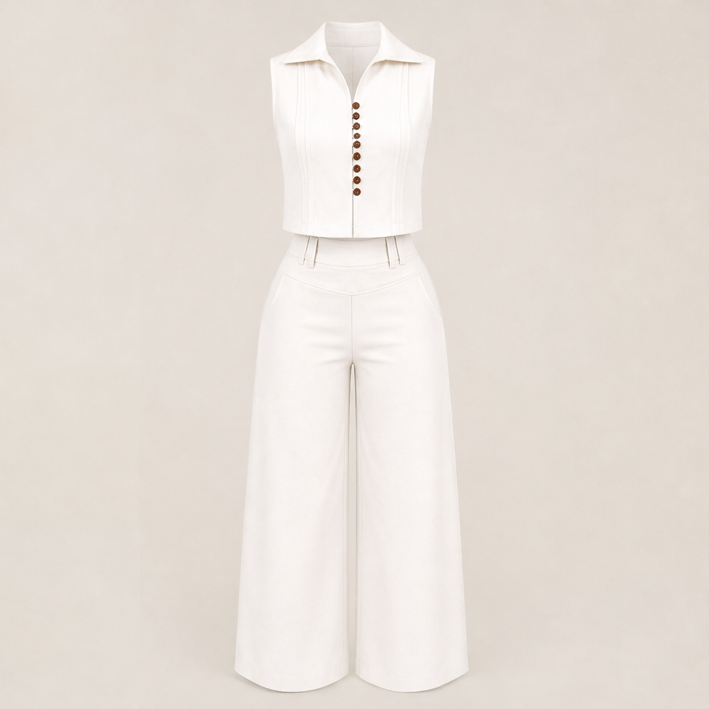 Velinora – Completo Smanicato con Pantaloni Ampi White