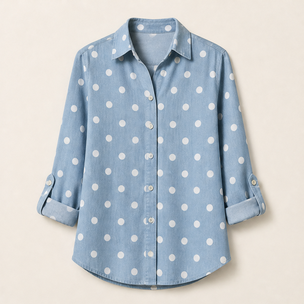 Novarella – Camicia a Pois con Maniche Arrotolabili Chambray Blue Polka Dot