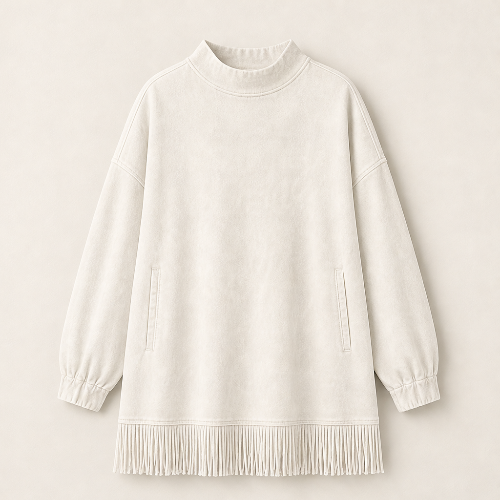 Varonne – Abito Dolcevita Effetto Denim con Frange Beige