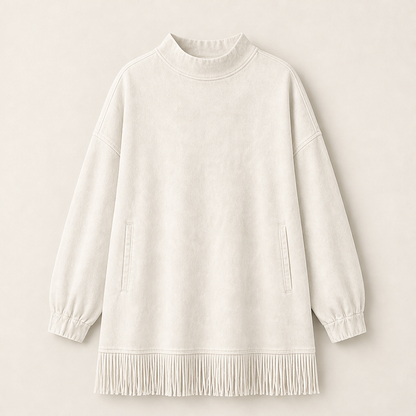 Varonne – Abito Dolcevita Effetto Denim con Frange Beige