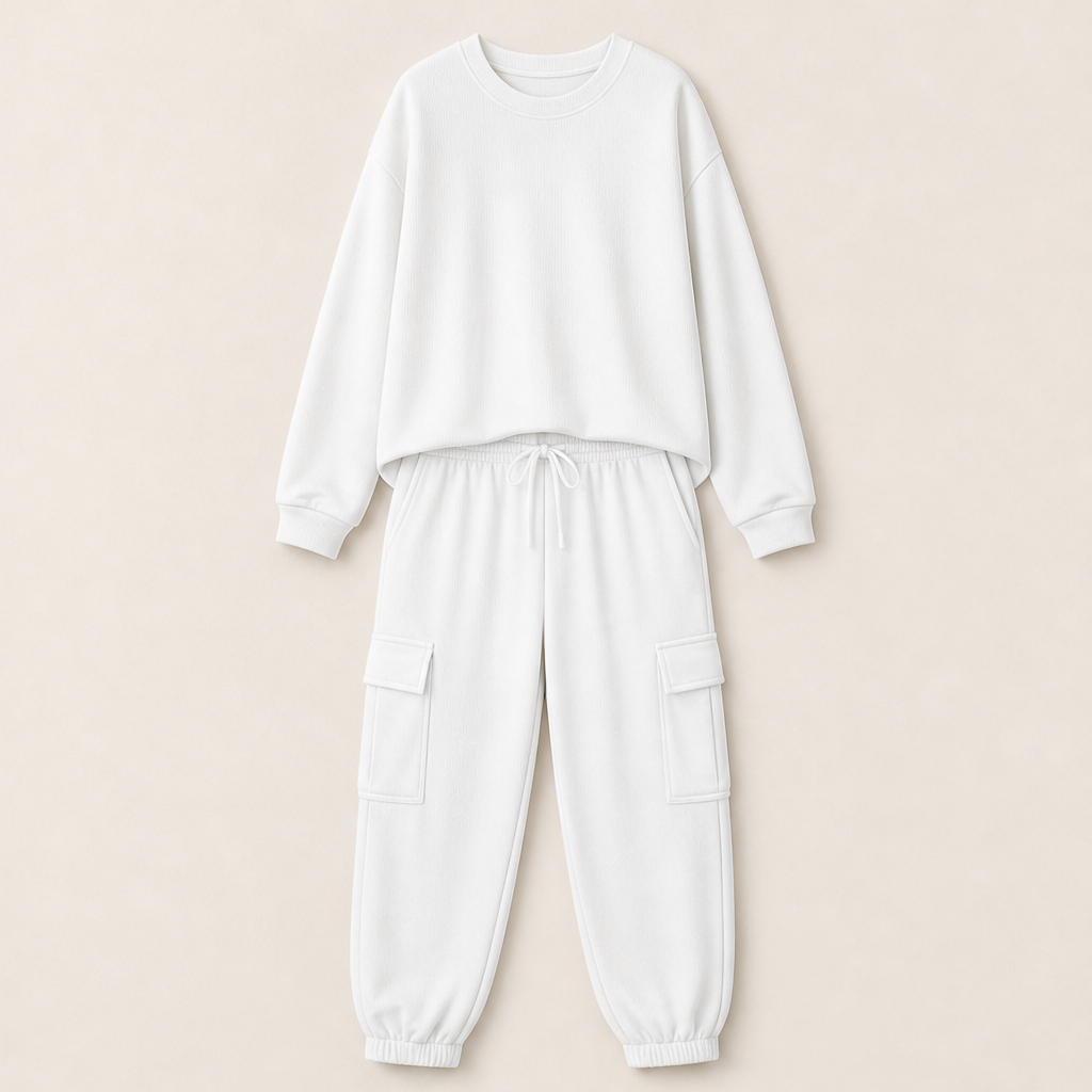 Norellia – Girocollo e Pantaloni Cargo, Completo Casual White