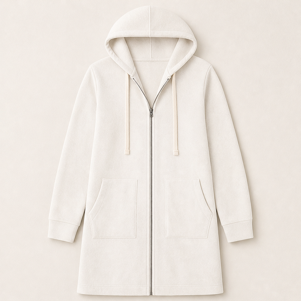 Felisora – Felpa Lunga con Cappuccio e Zip Beige