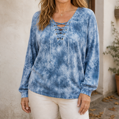 Velmara – Top Tie-Dye con Allacciatura a V Blue