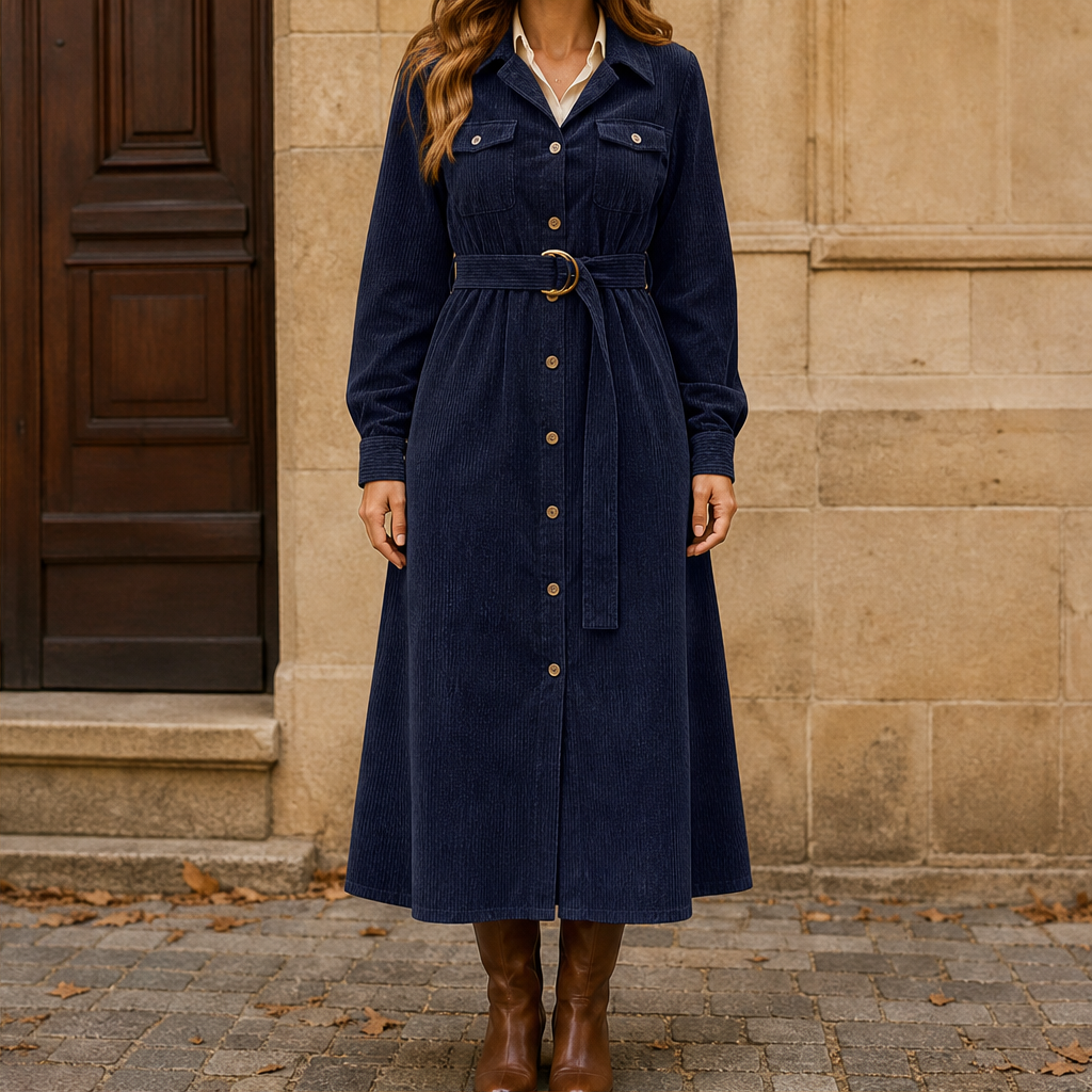 Corvelle – Abito Camicia Midi in Velluto a Coste con Cintura Navy