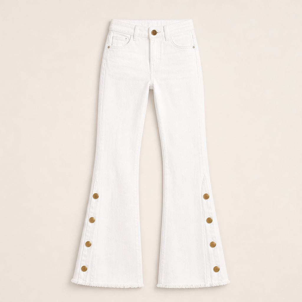 Vellira – Jeans a Zampa Vita Alta con Bottoni White