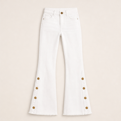 Vellira – Jeans a Zampa Vita Alta con Bottoni White