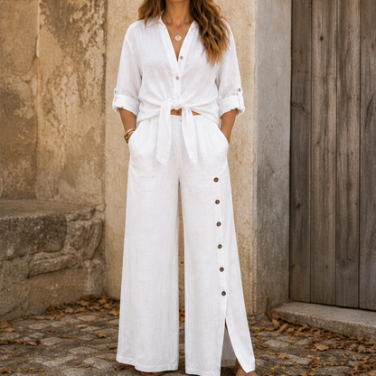 Linoria – Completo Camicia e Pantaloni Larghi Lino White