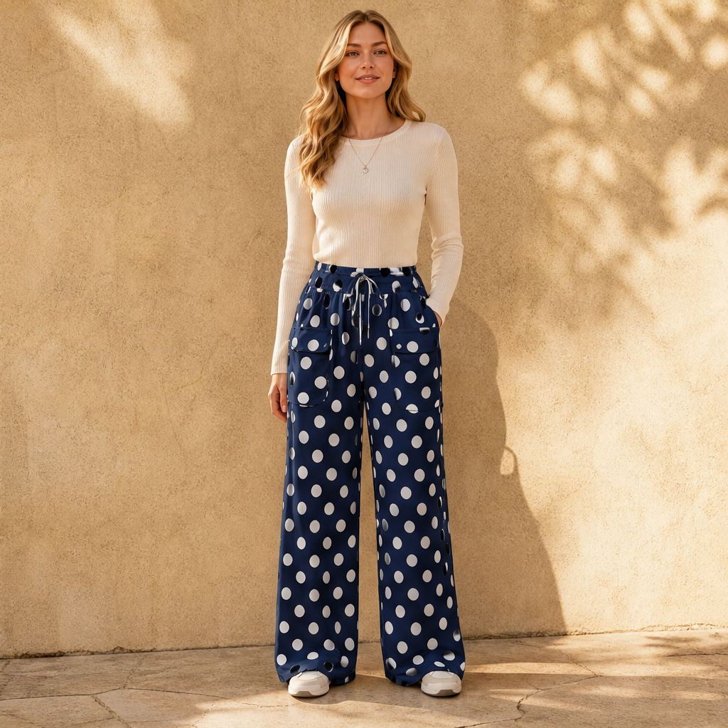 Polliva – Pantaloni a Palazzo a Pois con Coulisse Navy