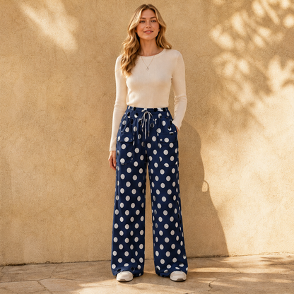 Polliva – Pantaloni a Palazzo a Pois con Coulisse Navy