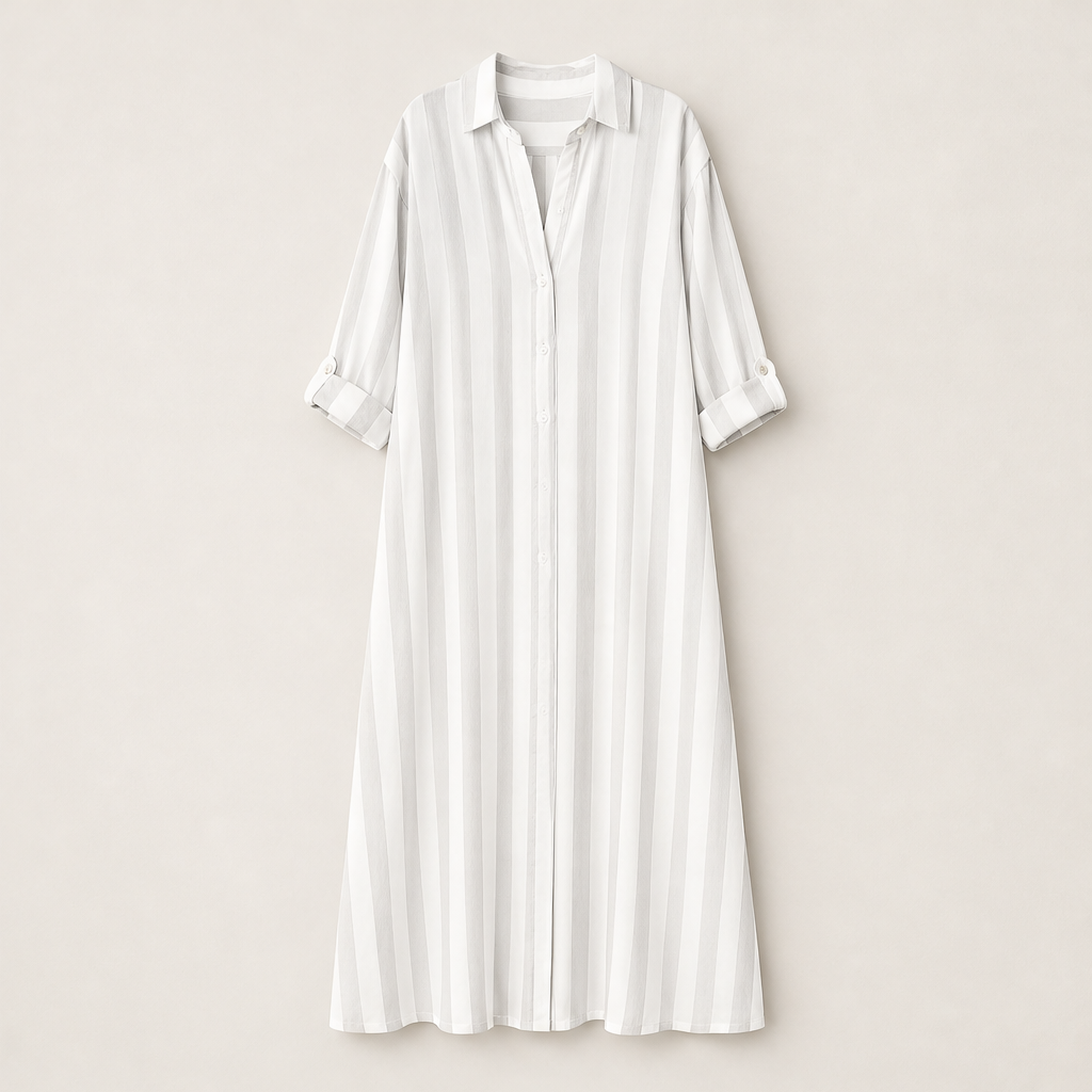 Marielle – Abito Maxi a Righe Collo Camicia Beige