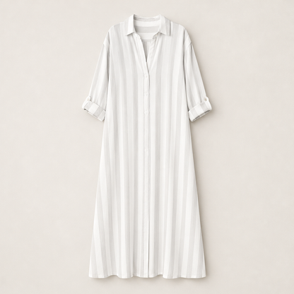 Marielle – Abito Maxi a Righe Collo Camicia Beige