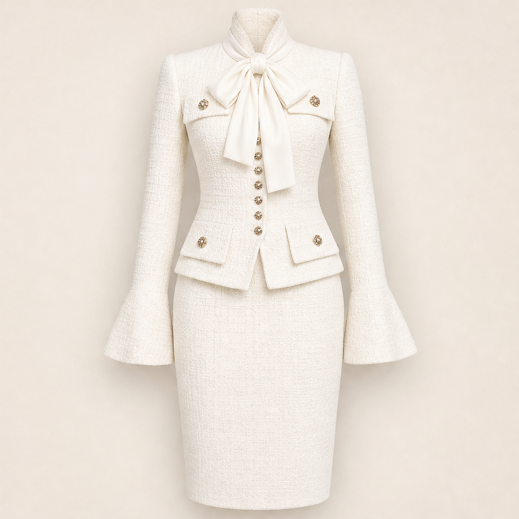 Vellorna – Completo Tweed Fiocco Giacca e Gonna a Matita White