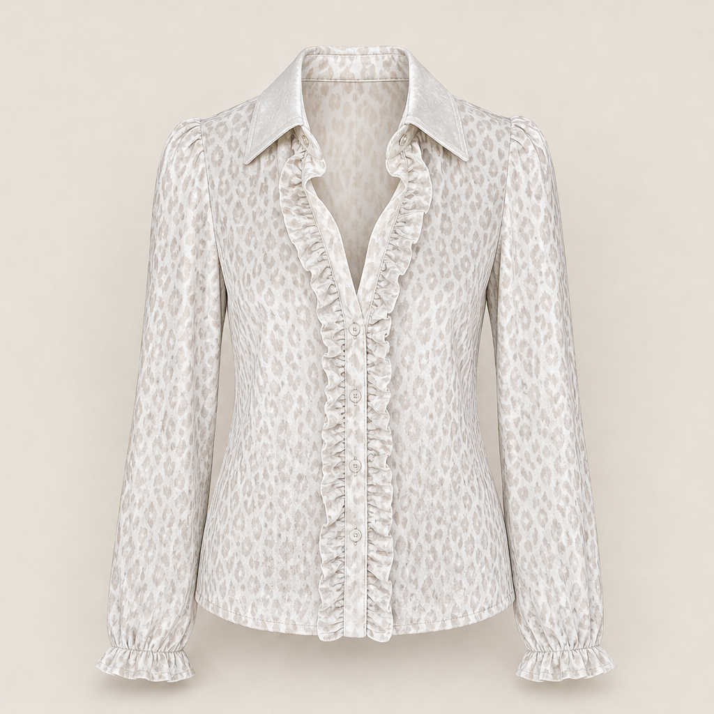 Velarosa – Camicia in Velluto Leopardata con Rouches Beige