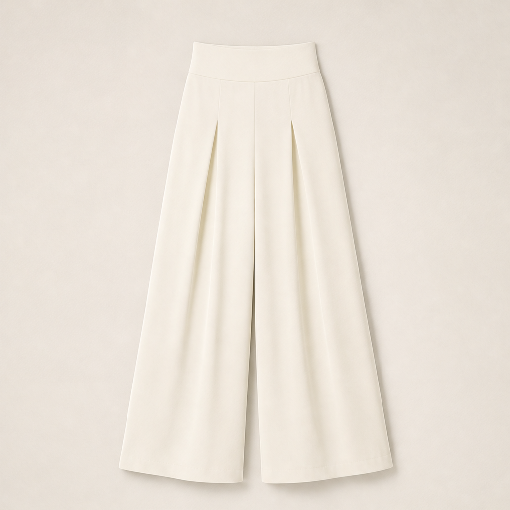Velarosa – Pantaloni a Vita Alta Gamba Larga Plissettati Beige