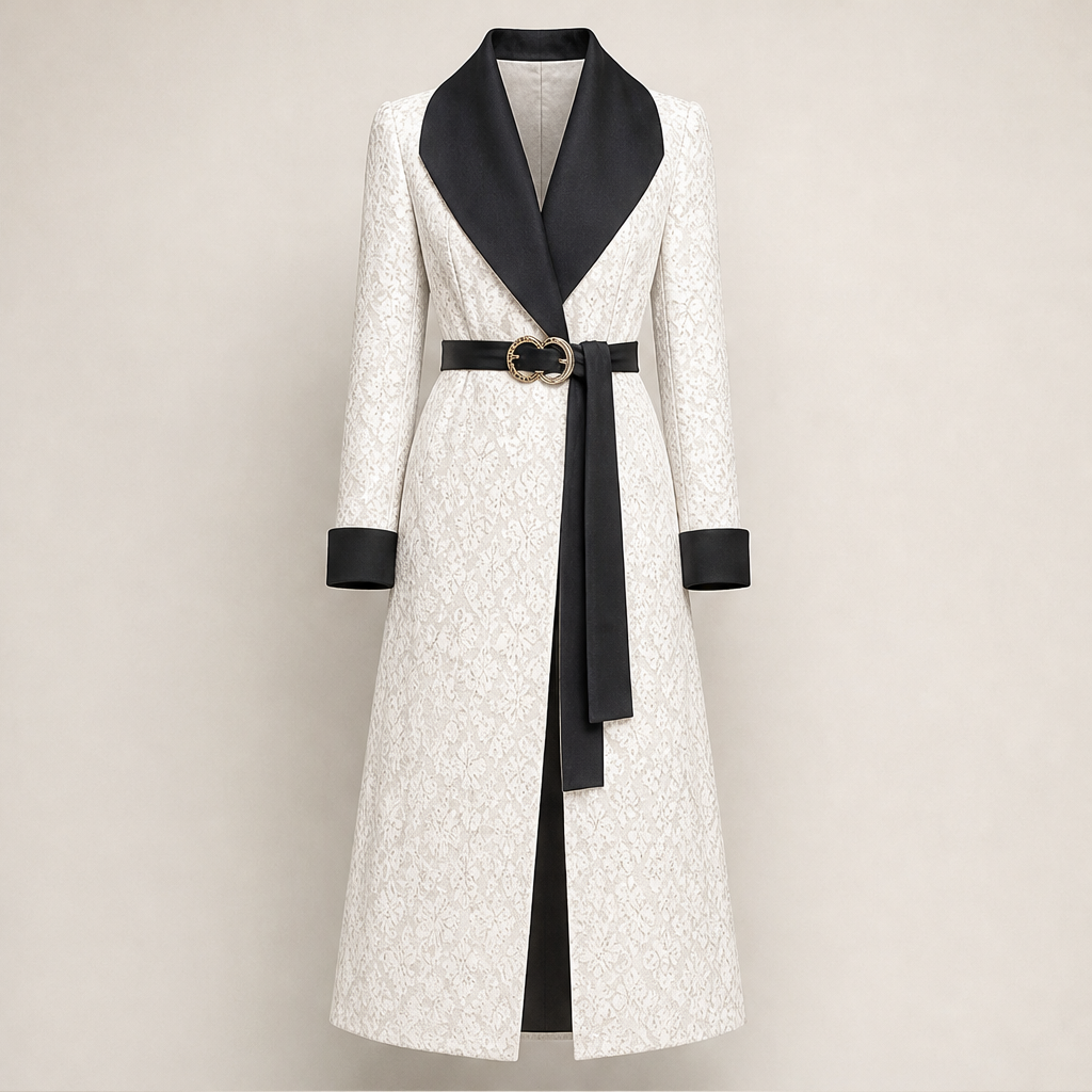 Veloria – Cappotto Lungo con Revers Ampio Contrastante White
