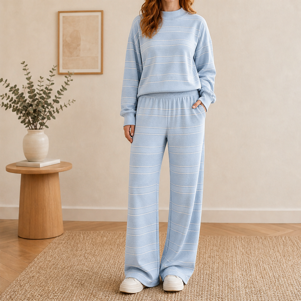 Marielou – Completo a Righe Collo Alto e Pantaloni Larghi Blue