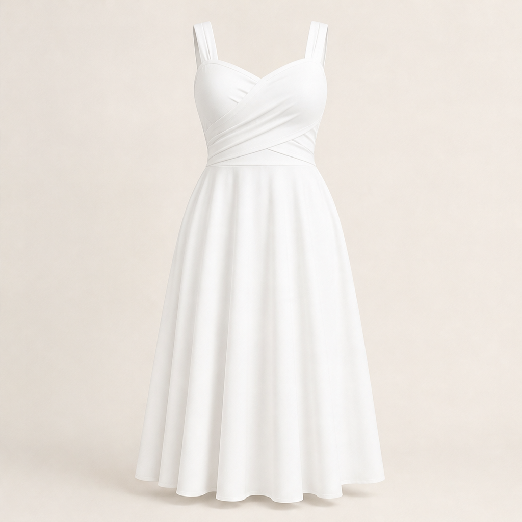 Abito Midi Bianco con Vita Incrociata | Abito da Donna A-Line Fit & Flare con Scollo a Cuore e Tasche