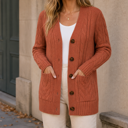 Varonia – Cardigan Midi in Maglia Trecciata Rust