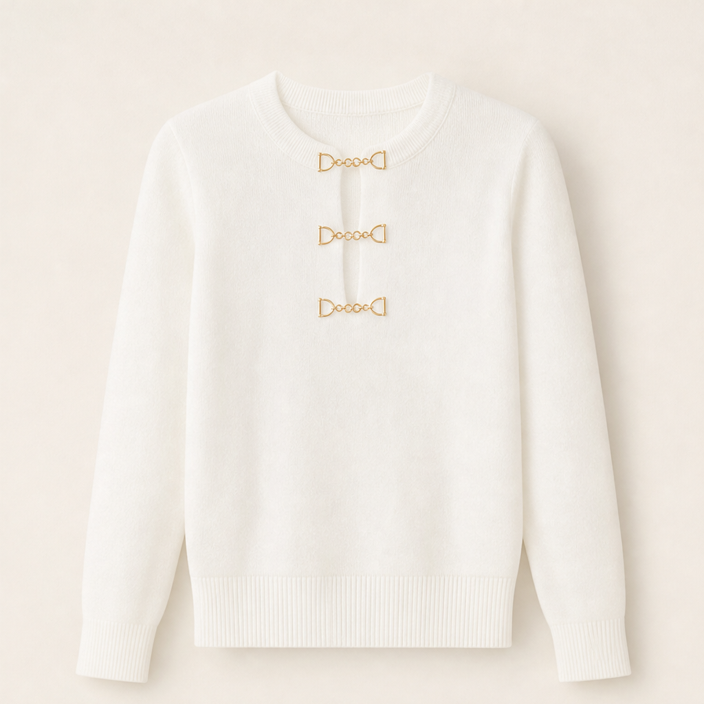 Voralia – Maglia Costine con Fibbie Dorate Ivory