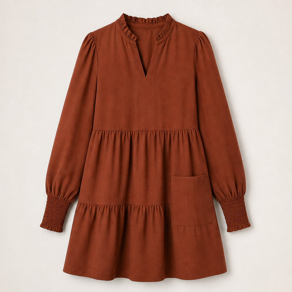 Varonne – Vestito Mini a Balze con Maniche Smock Rust