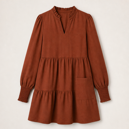 Varonne – Vestito Mini a Balze con Maniche Smock Rust