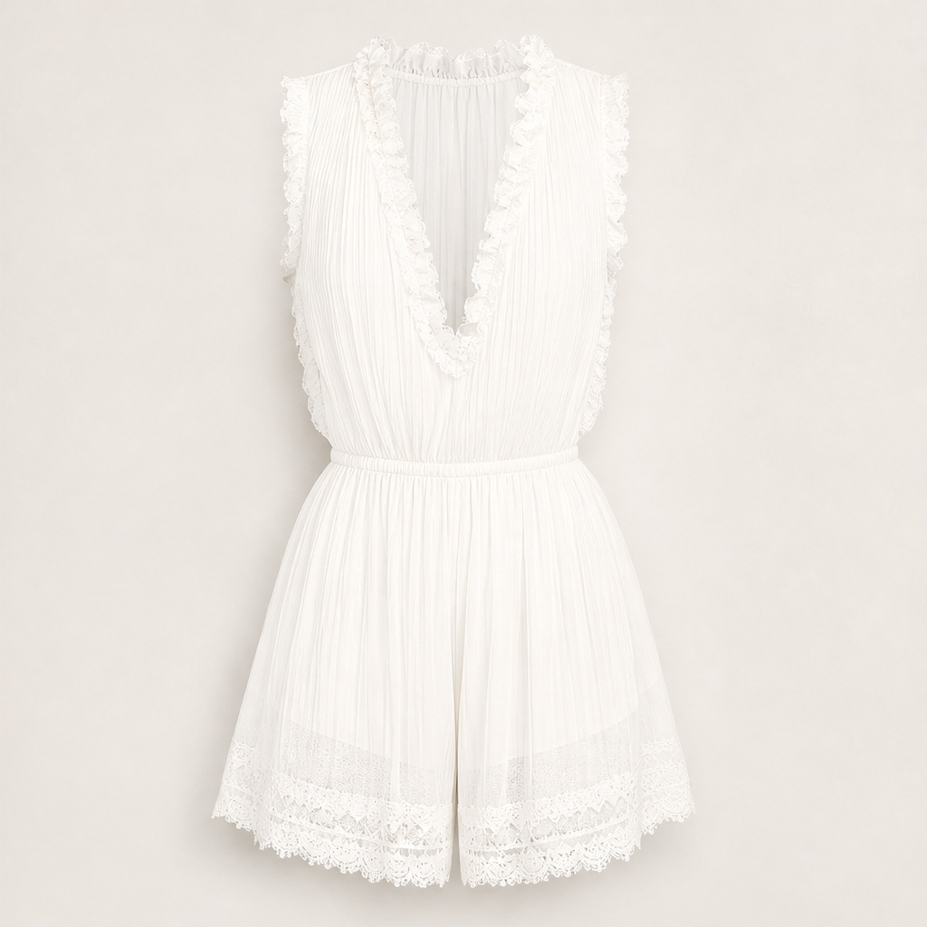Voleane – Tuta Corta in Chiffon Plissettato con Pizzo White