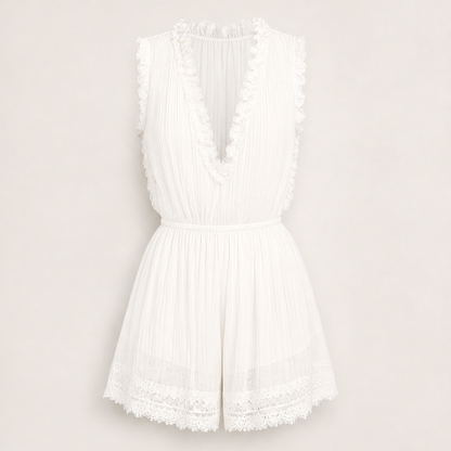 Voleane – Tuta Corta in Chiffon Plissettato con Pizzo White