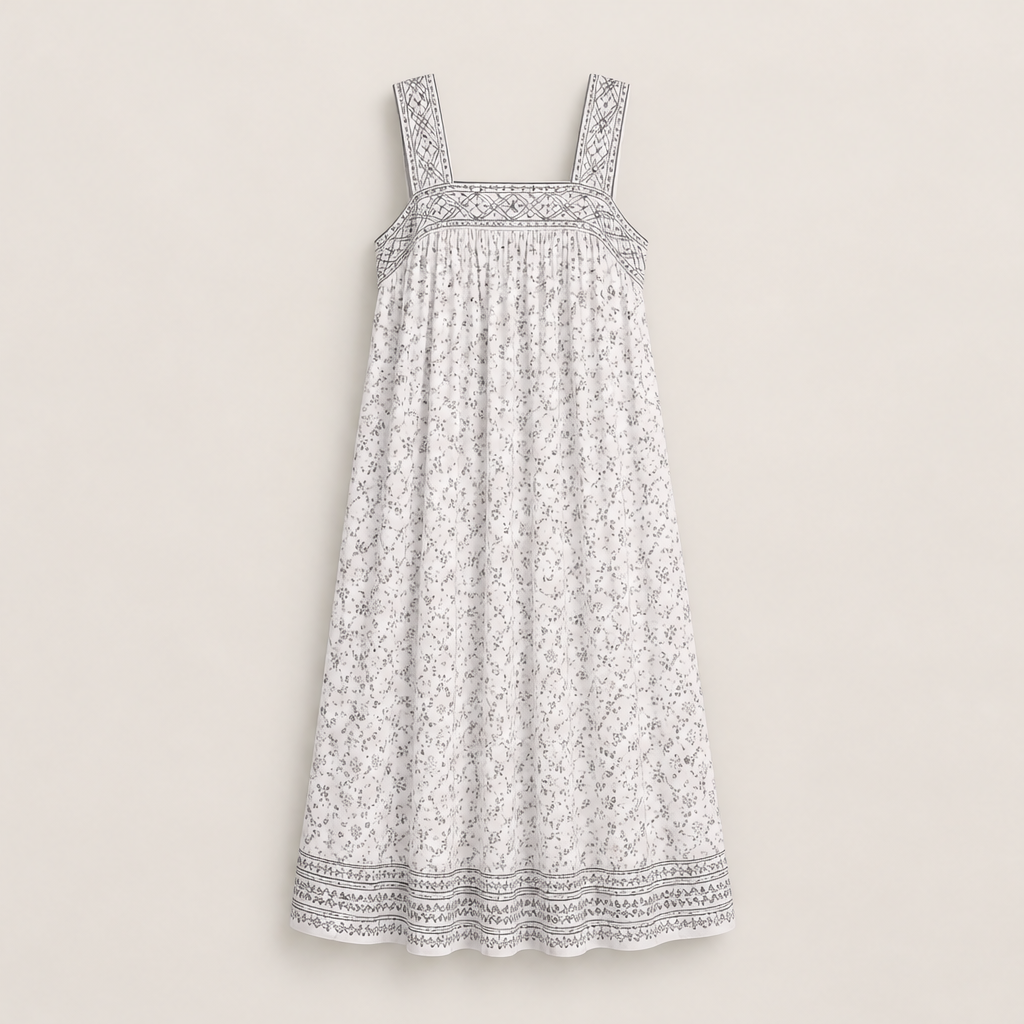 Voralia – Abito Lungo Folk a Fiori in Cotone White