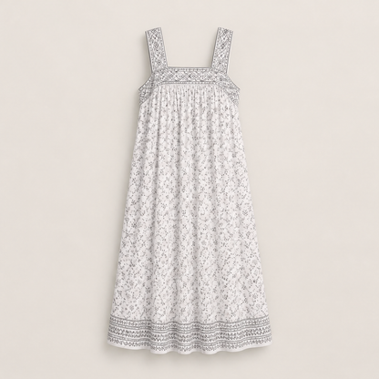Voralia – Abito Lungo Folk a Fiori in Cotone White