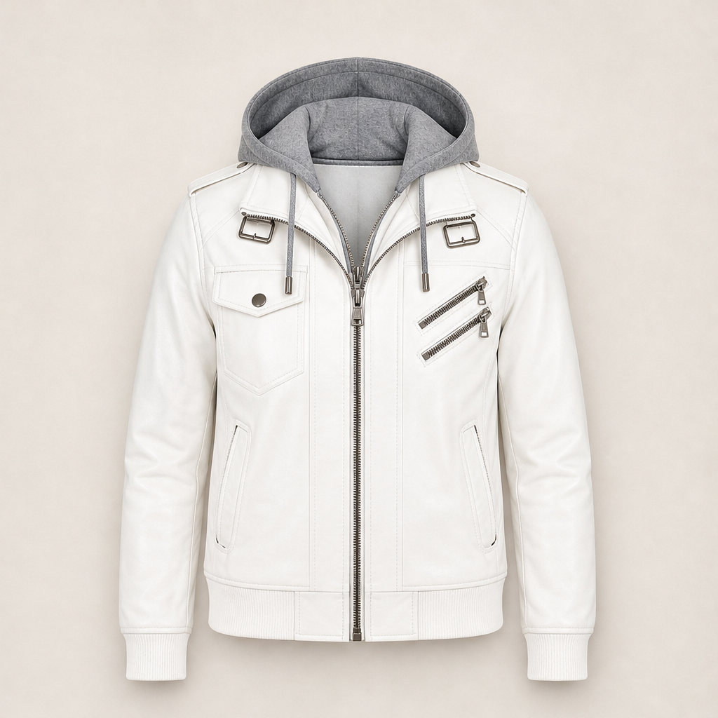 Bryndan – Giacca in Ecopelle con Cappuccio Staccabile White