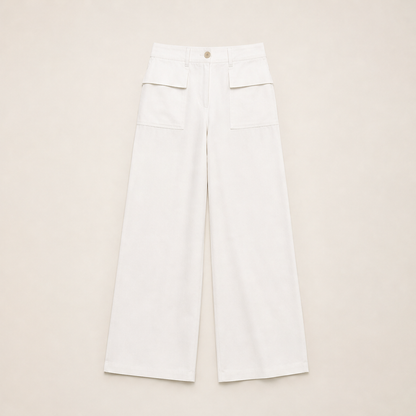 Marlow Pantaloni Donna a Gamba Larga in Cotone e Lino - Pantaloni Casual Fluidi a Vita Alta Ecrù