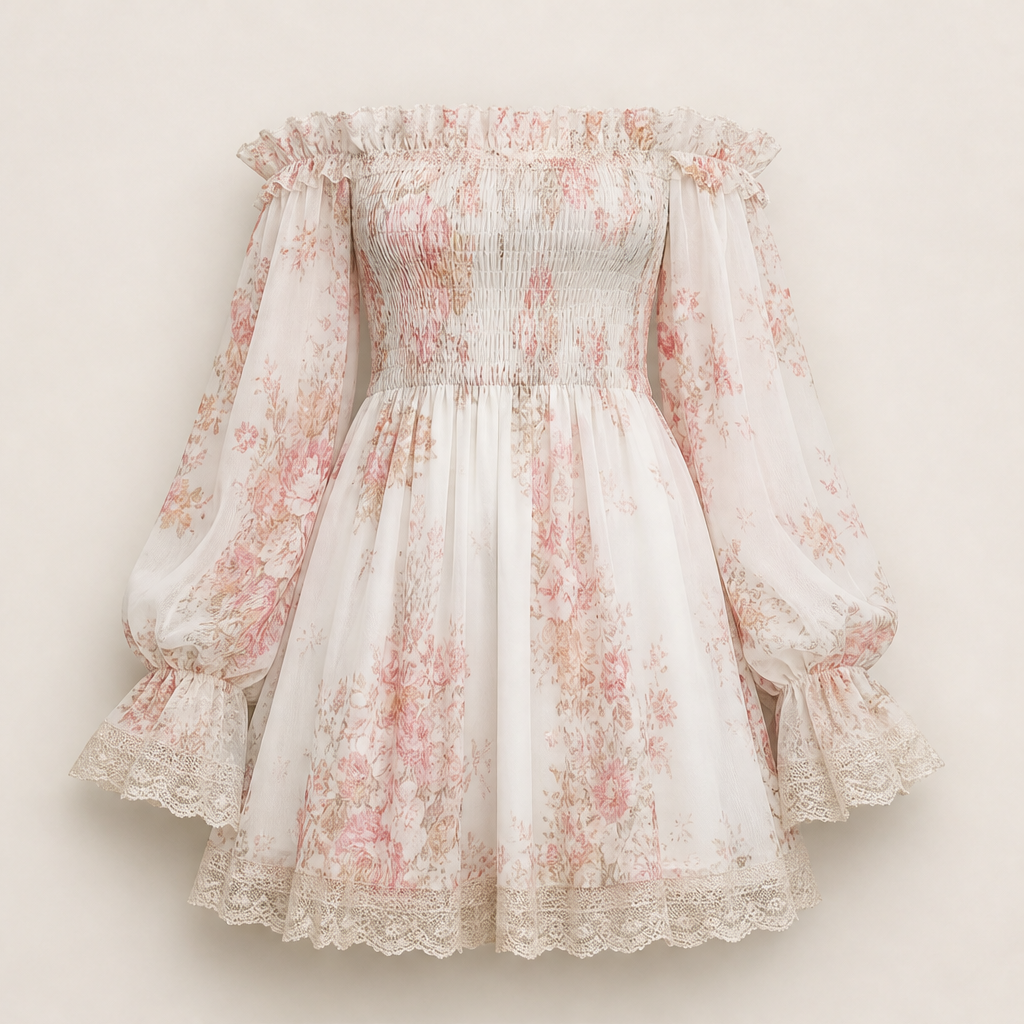 Rosalind Miniabito Donna Floreale in Chiffon con Spalle Scoperte e Corpetto Arricciato - Prendisole Boho con Bordo in Pizzo Floreale Avorio