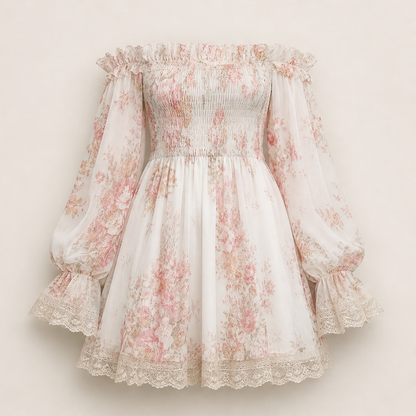 Rosalind Miniabito Donna Floreale in Chiffon con Spalle Scoperte e Corpetto Arricciato - Prendisole Boho con Bordo in Pizzo Floreale Avorio
